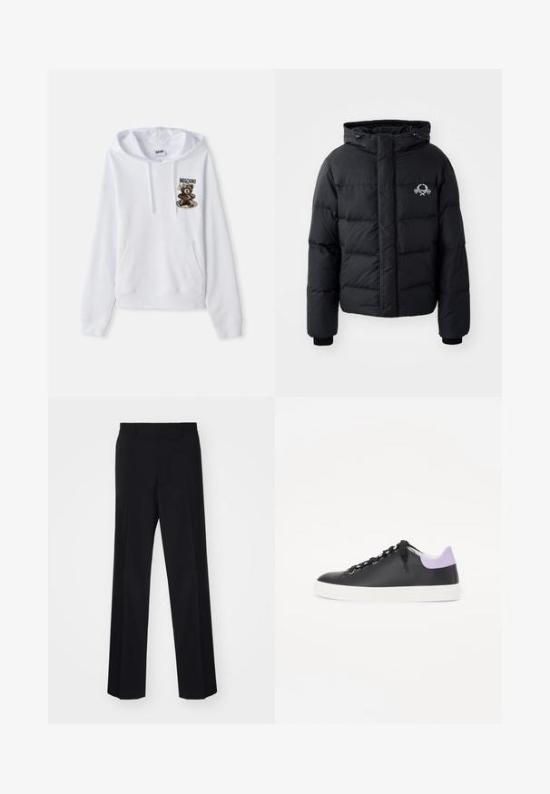 Fekete puffdzseki kapucnival, steppelt kialakítással, rugalmas mandzsettákkal és mellkasi logóval. Simább, vízálló anyagból készült.; Fehér kapucnis pulóver, elülső zsebbel, húzózsinóros kapucnival és egy medve grafikával, szöveggel. Puha anyagból készült, bordázott mandzsettákkal és szegéllyel rendelkezik.; Fekete, széles szárú, szabott nadrág sima textúrával és éles redőkkel, szőtt anyagból készült.; Fekete bőr sportcipő fehér gumitalppal, fekete fűzőkkel, ezüst fűzőlyukakkal és világoslila díszítéssel a saroknál.
