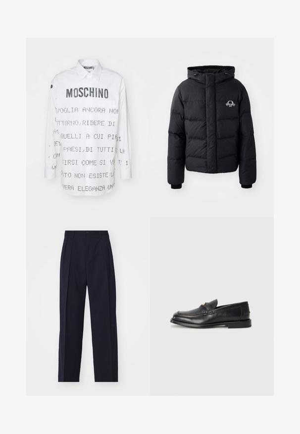 Jachetă puffer neagră cu glugă, având un design matlasat, mansete elastice și un logo pe piept. Fabricată dintr-un material neted, rezistent la apă.; Cămașă albă cu mâneci lungi și guler ascuțit, cu text și grafica imprimată în negru pe față și spate. Închidere cu nasturi.; Pantaloni navy blue, croiți, cu design drept, pliuri în față, închidere cu nasture și fără buzunare vizibile. Textură de material neted.; Loafers din piele neagră au un vârf rotunjit, detalii cusute și un mic accent auriu în față. Talpa este plată și discretă.
