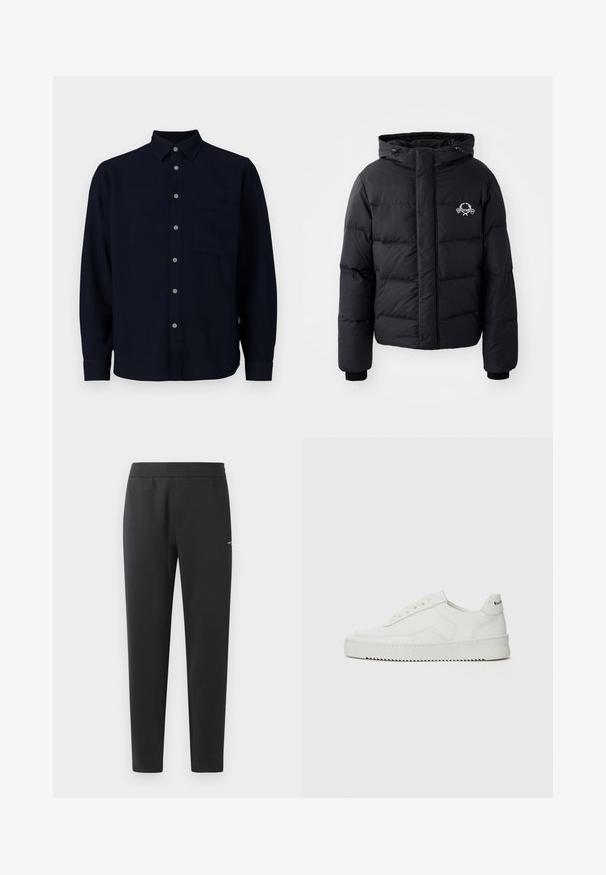 Schwarze Puffjacke mit Kapuze, ausgestattet mit einem gesteppten Design, elastischen Bündchen und einem Brustlogo. Hergestellt aus einem glatten, wasserabweisenden Material.; Marineblaue Langarmbluse aus weichem Stoff. Sie hat eine durchgehende Knopfleiste, einen spitzen Kragen und eine Brusttasche. Graue Knöpfe setzen einen Kontrast.; Schwarze Jogginghosen aus weichem Stoff, mit einem elastischen Bund, geraden Beinen und einem kleinen Logodetail an der Seite.; Weiße Ledersneaker mit glatter Oberfläche, runder Zehenpartie, flachen Schnürsenkeln und strukturiertem Sohlenprofil. Mit einem dezenten Logo an der Ferse.