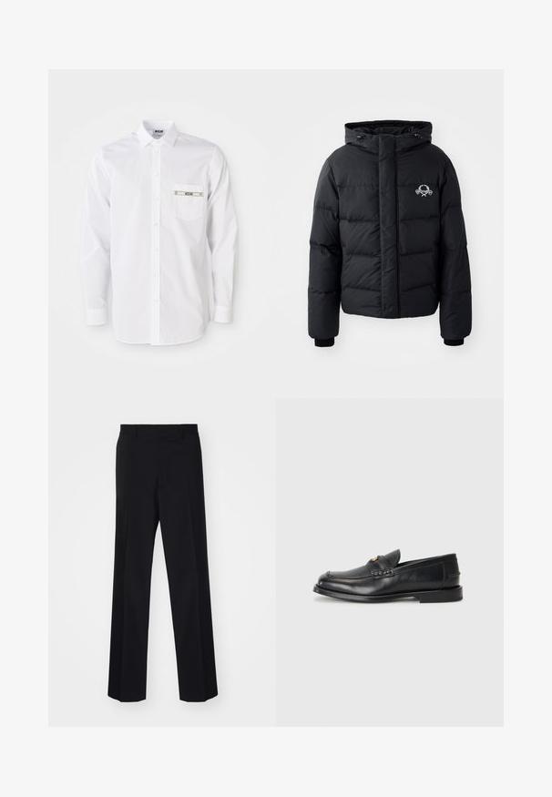 Czarna kurtka puchowa z kapturem, z pikowanym wzorem, elastycznymi mankietami i logo na piersi. Wykonana z gładkiego, wodoodpornego materiału.; Biała koszula z długim rękawem wykonana z bawełny. Posiada zapięcie na guziki z przodu, ostry kołnierzyk oraz małą kieszonkę z logo na piersi.; Czarne spodni z szerokimi nogawkami, charakteryzujące się gładką teksturą i wyraźnymi fałdami, wykonane z tkaniny tkanej.; Czarne skórzane mokasyny mają okrągły nos, przeszycia oraz mały złoty akcent z przodu. Podeszwa jest płaska i dyskretna.