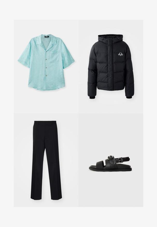 Fekete puffdzseki kapucnival, steppelt kialakítással, rugalmas mandzsettákkal és mellkasi logóval. Simább, vízálló anyagból készült.; Egy világoskék, rövid ujjú ing sima anyagból, ami terjesztett gallérral, elülső zsebbel és diszkrét textúrájú mintával rendelkezik, arany gombokkal.; Fekete, széles szárú, szabott nadrág sima textúrával és éles redőkkel, szőtt anyagból készült.; Fekete bőr szandál, amely két széles pánttal és egy csattal állítható bokapánttal rendelkezik. Lapos talp, textúrázott szélekkel.