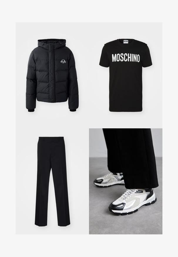 Czarna kurtka puchowa z kapturem, z pikowanym wzorem, elastycznymi mankietami i logo na piersi. Wykonana z gładkiego, wodoodpornego materiału.; Czarna bawełniana koszulka z odważnym białym napisem "MOSCHINO" na przodzie; okrągły dekolt i krótkie rękawy. Prosty design, klasyczny krój.; Czarne spodni z szerokimi nogawkami, charakteryzujące się gładką teksturą i wyraźnymi fałdami, wykonane z tkaniny tkanej.; MOSCHINO UOMO czarny