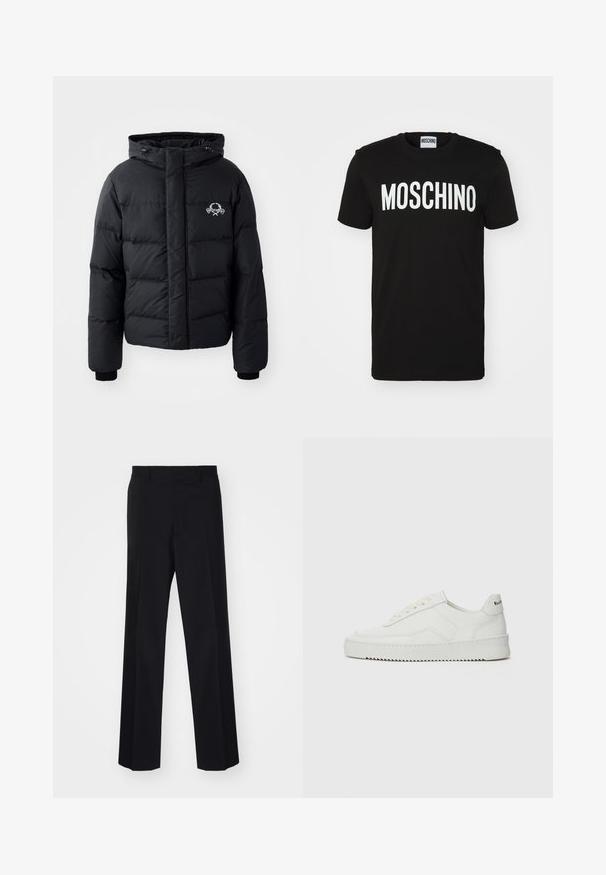Chaqueta de plumas negra con capucha, que presenta un diseño acolchado, puños elásticos y un logo en el pecho. Fabricada con un material suave y resistente al agua.; Camiseta negra de algodón con el audaz texto blanco "MOSCHINO" en la parte frontal; cuello redondo y mangas cortas. Diseño sencillo, ajuste clásico.; Pantalones negros ajustados con un diseño de pierna ancha, que presentan una textura suave y pliegues marcados, confeccionados en una tela tejida.; Zapatilla de cuero blanca con un acabado suave, puntera redonda, cordones planos y suela texturizada. Cuenta con un sutil logo en el talón.