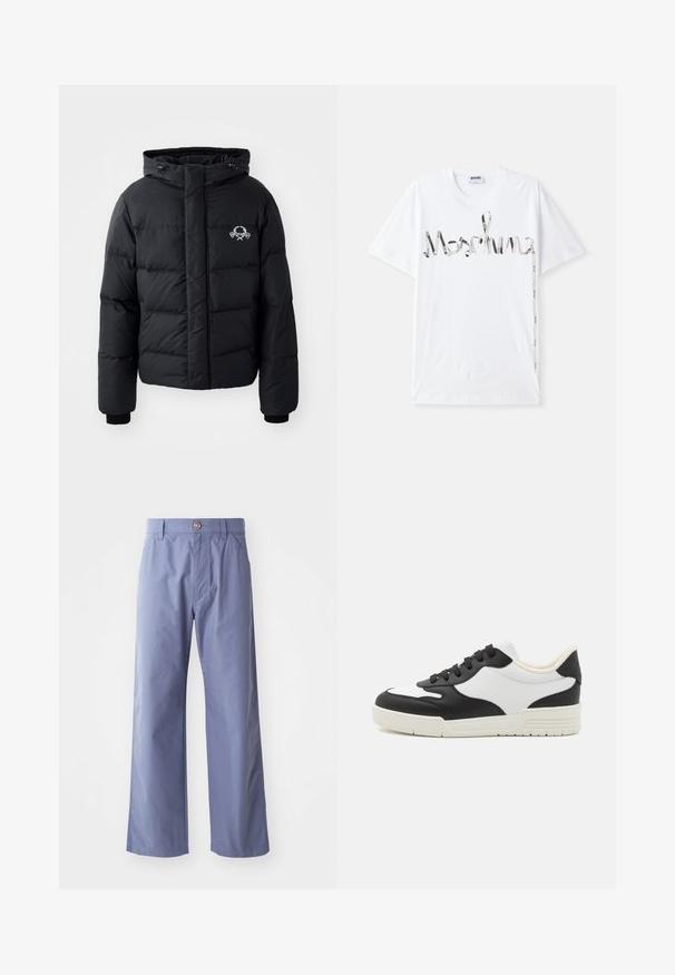 Black puffer jacket with a hood, featuring a quilted design, elastic cuffs, and a chest logo. Made of a smooth, water-resistant material.; White cotton t-shirt featuring a graphic logo in black and silver resembling a ribbon. Short sleeves and a crew neck design.; Light blue wide-leg trousers made of cotton blend fabric, featuring a front button closure and two side pockets. Smooth texture.; Black and white sneaker with a smooth leather upper, rounded toe, and flat rubber sole. Features black laces and soft inner lining.
