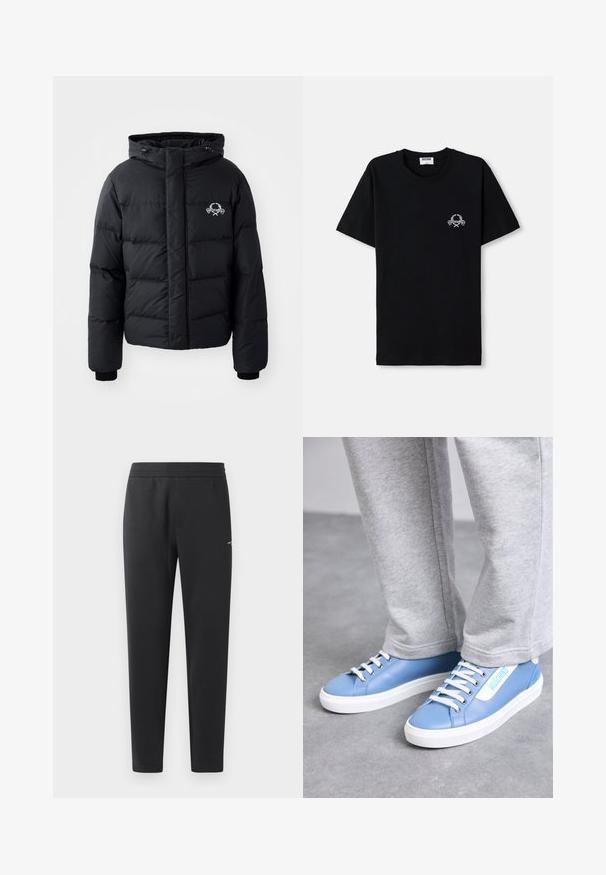 Black puffer jacket with a hood, featuring a quilted design, elastic cuffs, and a chest logo. Made of a smooth, water-resistant material.; Black cotton t-shirt with a crew neckline. Features a small white graphic design on the chest. Short sleeves and straight hem.; Black jogger pants made of soft fabric, featuring an elastic waistband, straight legs, and a single small logo detail on the side.; MOSCHINO Trainers - azzurro/bianco