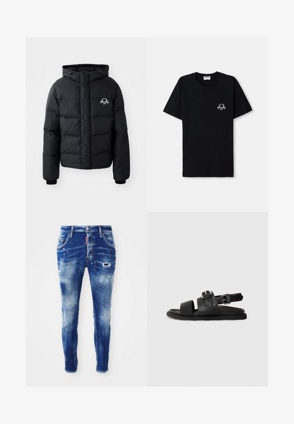 Čierna prešívaná bunda s kapucňou, ktorá má elastické manžety a logo na hrudníku. Vyrobená z hladkého, vodoodolného materiálu.; Čierne bavlnené tričko s okrúhlym výstrihom. Má malý biely grafický dizajn na hrudi. Krátke rukávy a rovný lem.; Úzke modré denimové džínsy s vyblednutým umývaním, detailmi s farbou, roztrhnutými časťami a dizajnom s piatimi vreckami. Červená výrazka na páse.; Čierne kožené sandále s dvoma širokými popruhmi a nastaviteľným členkovým popruhom so sponou. Plná podrážka s textúrovaným okrajom.