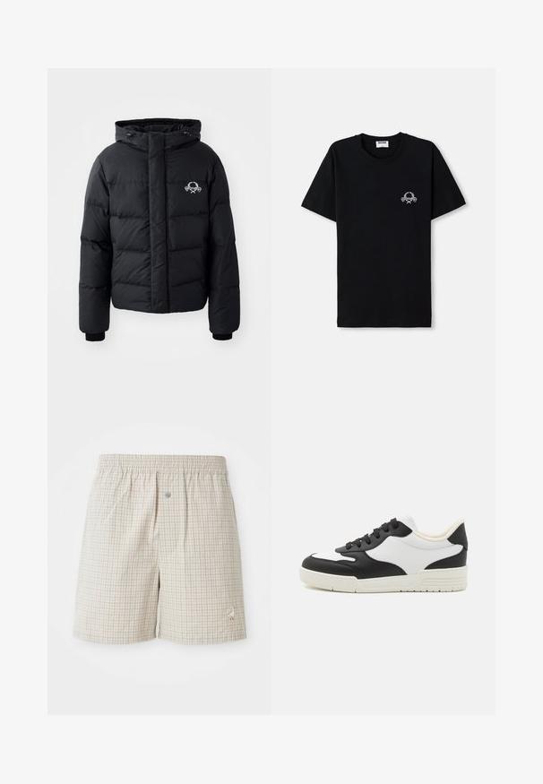 Black puffer jacket with a hood, featuring a quilted design, elastic cuffs, and a chest logo. Made of a smooth, water-resistant material.; Black cotton t-shirt with a crew neckline. Features a small white graphic design on the chest. Short sleeves and straight hem.; Light beige checkered shorts with a soft texture, elastic waistband, and a decorative white goose embroidery near the hem.; Black and white sneaker with a smooth leather upper, rounded toe, and flat rubber sole. Features black laces and soft inner lining.