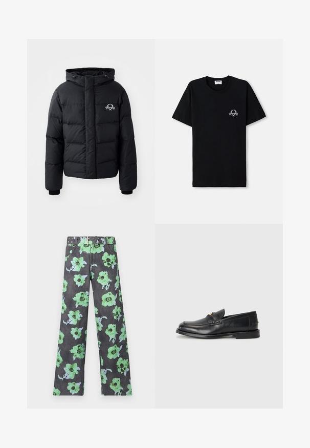 Čierna prešívaná bunda s kapucňou, ktorá má elastické manžety a logo na hrudníku. Vyrobená z hladkého, vodoodolného materiálu.; Čierne bavlnené tričko s okrúhlym výstrihom. Má malý biely grafický dizajn na hrudi. Krátke rukávy a rovný lem.; Kvetinové nohavice v tmavosivej farbe s veľkými zelenými a modrými kvetmi. Súčasťou je zodpovedajúci opasok s viacerými cvočkami a očkami.; Čierne kožené mokasíny majú zaoblenú špičku, prešívané detaily a malý zlatý akcent na prednej strane. Podrážka je plochá a nenápadná.