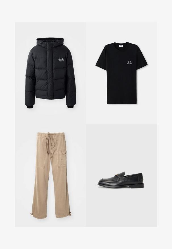 Černá péřová bunda s kapucí, s prošívaným vzorem, elastickými manžetami a logem na hrudi. Vyrobena z hladkého, vodoodpudivého materiálu.; Černé bavlněné tričko s kulatým výstřihem. Na hrudi se nachází malý bílý grafický design. Krátké rukávy a rovný lem.; Béžové cargo kalhoty s páskem na stažení, širokými nohavicemi, bočními kapsami a zavazováním na spodním lemu. Vyrobené z měkkého a odolného bavlněného materiálu.; Černé kožené loafers mají zaoblenou špičku, šité detaily a malý zlatý akcent na přední straně. Podešev je plochá a nenápadná.