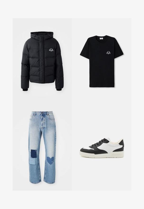 Must väljakutsete sätetele lõhelise disainiga must puhvrjakker, kapuutsiga, elastsete mansettidega ja rinnal logo. Valmistatud siledast, veekindlast materjalist.; Must musträpiga t-särk, millel on ümmargune kaelus. Esipaneelil on väike valge graafiline disain. Lühikesed varrukad ja sirge serv.; Heledad sinised teksad sirge lõikega, millel on kaks paigaldusdetaili: ruut ja süda, mõlemad tumedamatest teksariidest.; Mustvalge tennise jalanõud siledast nahast ülaosaga, ümarate varvastega ja tasase kummist tallaga. Omab musti paelu ja pehmet voodrit.