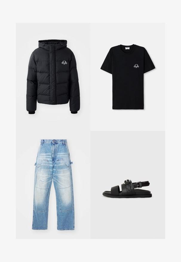 Černá péřová bunda s kapucí, s prošívaným vzorem, elastickými manžetami a logem na hrudi. Vyrobena z hladkého, vodoodpudivého materiálu.; Černé bavlněné tričko s kulatým výstřihem. Na hrudi se nachází malý bílý grafický design. Krátké rukávy a rovný lem.; Světle modré džíny s volným střihem, obsahující několik kapes, distressed detaily a vybledlý vzhled. Rovný střih nohavic.; Černé kožené sandály s dvěma širokými pásky a nastavitelným páskem kolem kotníku se sponou. Plná podrážka s texturovaným okrajem.