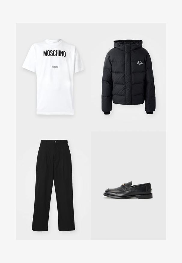 Black puffer jacket with a hood, featuring a quilted design, elastic cuffs, and a chest logo. Made of a smooth, water-resistant material.; White cotton t-shirt featuring bold black "MOSCHINO" text and smaller "Milano" underneath. Short sleeves and a classic crew neck design.; Black wide-leg trousers made from lightweight fabric. Features a button closure, front pleats, and two side pockets.; Black leather loafers feature a rounded toe, stitched detailing, and a small gold accent on the front. The sole is flat and discreet.