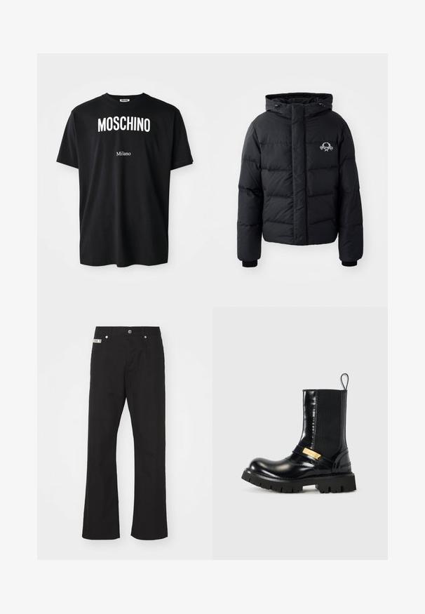 Černá péřová bunda s kapucí, s prošívaným vzorem, elastickými manžetami a logem na hrudi. Vyrobena z hladkého, vodoodpudivého materiálu.; Černé bavlněné tričko s kulatým výstřihem. Vyznačuje se výrazným bílým textem: "MOSCHINO" nahoře a "Milano" dole. Jednoduchý, klasický design.; Černé bavlněné kalhoty s rovnými nohavicemi, s předním zapínáním na knoflík, dvěma bočními kapsami a malou značkovou nášivkou na pásku.; Černá kožená kotníková bota s elastickými bočními panely, zlatým akcentovým páskem a robustní černou gumovou podrážkou. Hladký povrch s kulatou špičkou.