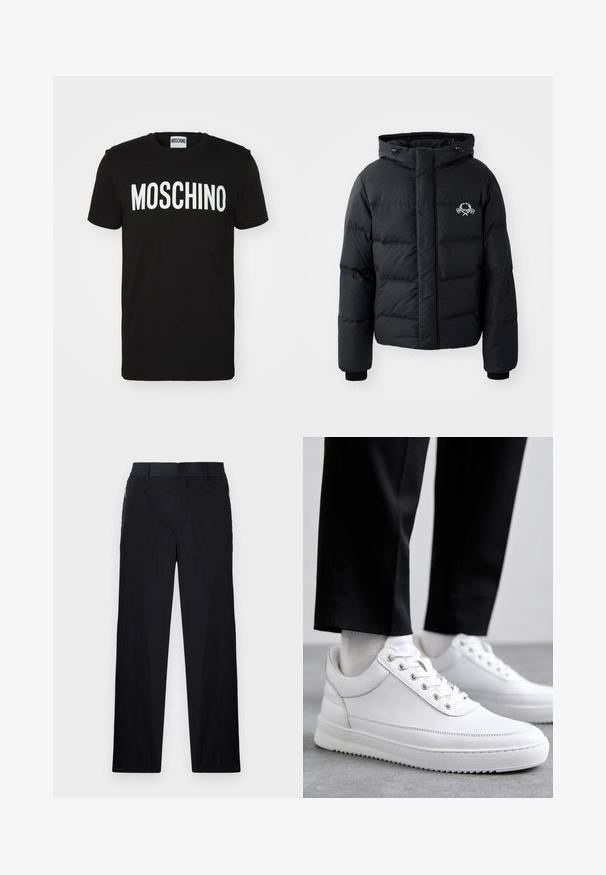 Μαύρο μπουφάν με κουκούλα, με καπιτονέ σχέδιο, ελαστικούς καρπούς και λογότυπο στο στήθος. Κατασκευασμένο από απαλό, αδιάβροχο υλικό.; Μαύρο βαμβακερό T-shirt με έντονο λευκό κείμενο "MOSCHINO" στη μπροστινή πλευρά; στρογγυλή λαιμόκοψη και κοντά μανίκια. Απλός σχεδιασμός, κλασική εφαρμογή.; Μαύρο παντελόνι με ελαφρύ, υφασματοποιημένο φινίρισμα, ευθύ γραμμή, ελαστική ζώνη στη μέση και πλαϊνές τσέπες με φερμουάρ.; Λευκά δερμάτινα αθλητικά παπούτσια με επίπεδη καουτσούκ σόλα, με λείο φινίρισμα, στρογγυλή μύτη και μεταλλικές θηλιές για τα κορδόνια. Φορεμένα με μαύρο παντελόνι.