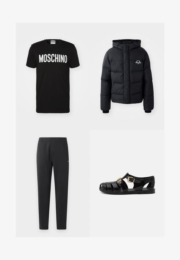 Jachetă puffer neagră cu glugă, având un design matlasat, mansete elastice și un logo pe piept. Fabricată dintr-un material neted, rezistent la apă.; Tricou negru din bumbac, cu text alb îndrăzneț "MOSCHINO" pe față; gât tip crew și mâneci scurte. Design simplu, croială clasică.; Pantaloni de jogger negri, confecționați dintr-un material moale, cu un brâu elastic, picioare drepte și un detaliu mic cu logo pe lateral.; Sandale din cauciuc negru cu design perforat, dotate cu inchidere cu cataramă aurie și talpă interioară texturată. Logo ștanțat pe toc.