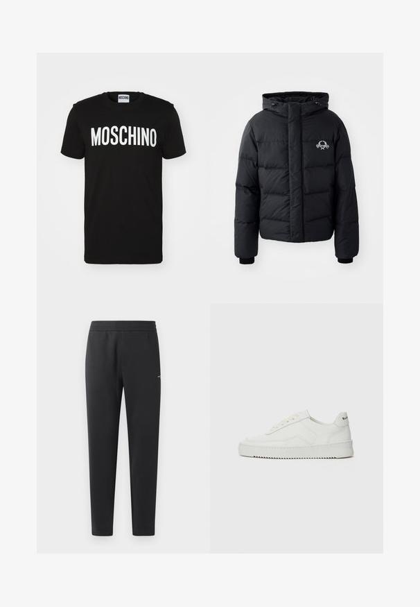Schwarze Puffjacke mit Kapuze, ausgestattet mit einem gesteppten Design, elastischen Bündchen und einem Brustlogo. Hergestellt aus einem glatten, wasserabweisenden Material.; Schwarzes Baumwoll-T-Shirt mit auffälligem weißen "MOSCHINO"-Text auf der Vorderseite; Rundhalsausschnitt und kurze Ärmel. Einfaches Design, klassischer Schnitt.; Schwarze Jogginghosen aus weichem Stoff, mit einem elastischen Bund, geraden Beinen und einem kleinen Logodetail an der Seite.; Weiße Ledersneaker mit glatter Oberfläche, runder Zehenpartie, flachen Schnürsenkeln und strukturiertem Sohlenprofil. Mit einem dezenten Logo an der Ferse.