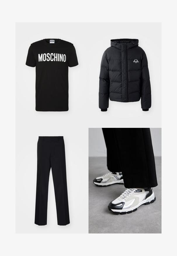 Sort pufferjakke med hætte, med et quiltet design, elastiske manchetter og et brystlogo. Lavet af et glat, vandafvisende materiale.; Sort bomulds t-shirt med fed hvid "MOSCHINO" tekst på forsiden; rund hals og korte ærmer. Simpelt design, klassisk pasform.; Sorte skræddersyede bukser med vidde i benene, der har en glat tekstur og skarpe folder, lavet af et vævet stof.; MOSCHINO UOMO - Sneakers - bianco/nero/argento