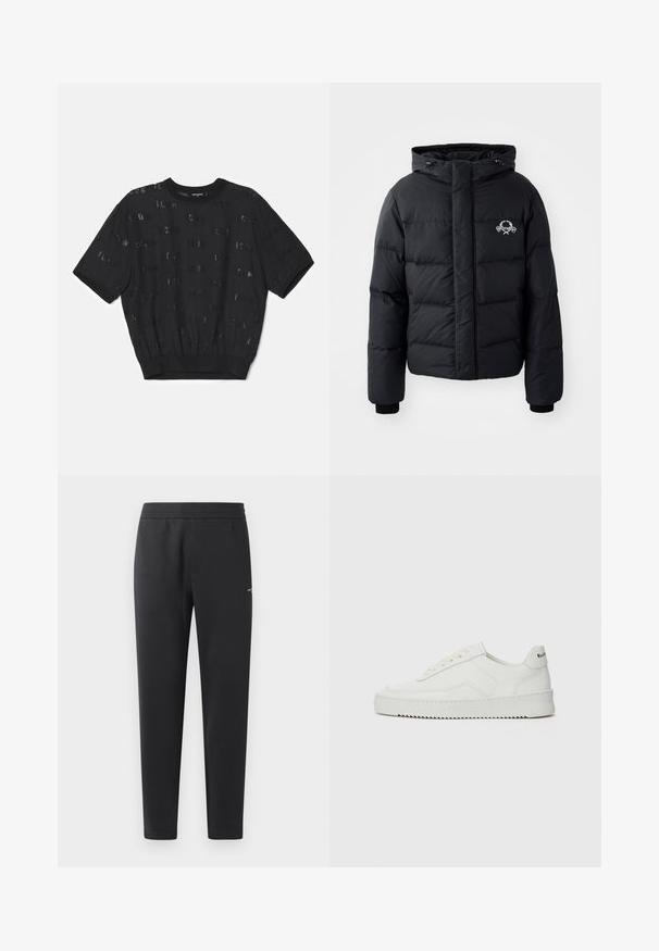 Giacca a vento nera con cappuccio, caratterizzata da un design trapuntato, polsini elastici e un logo sul petto. Realizzata in un materiale liscio e resistente all'acqua.; Maglione corto nero a maniche corte con tessuto testurizzato, caratterizzato da un orlo a coste e lettere in paillettes sparse su tutto il corpo.; Pantaloni jogger neri realizzati in tessuto morbido, con vita elasticizzata, gambe dritte e un piccolo logo sulla parte laterale.; Sneaker in pelle bianca con una finitura liscia, punta rotonda, lacci piatti e suola testurizzata. Presenta un logo discreto sul tallone.