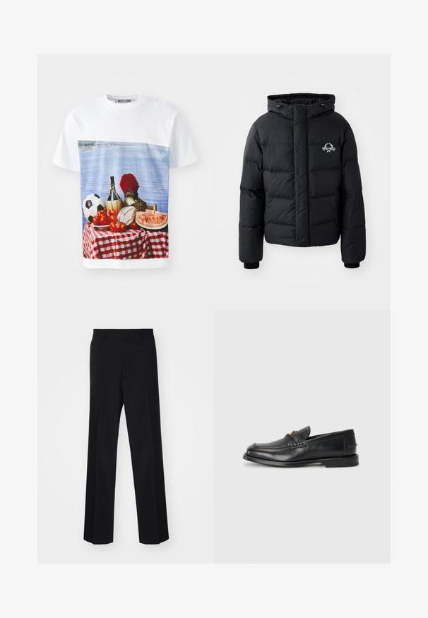 Černá péřová bunda s kapucí, s prošívaným vzorem, elastickými manžetami a logem na hrudi. Vyrobena z hladkého, vodoodpudivého materiálu.; MOSCHINO ITALIAN INSPIRATION - Triko s potiskem - multi white; Černé kalhoty na míru s širokým střihem, s hladkou texturou a ostrými záhyby, vyrobené z tkané látky.; Černé kožené loafers mají zaoblenou špičku, šité detaily a malý zlatý akcent na přední straně. Podešev je plochá a nenápadná.