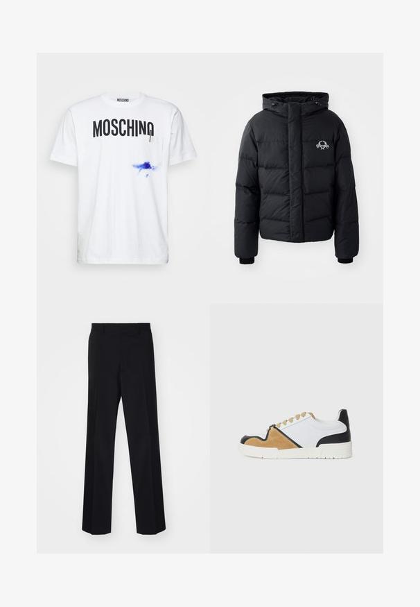 Juodas pūkinis švarkas su gobtuvu, pasižymintis siuvinėtu raštu, elastingais rankogaliais ir logotipu krūtinėje. Pagamintas iš lygios, vandeniui atsparios medžiagos.; MOSCHINO WITH LOGO PEN INK - Marškinėliai su spaudiniu - white; Juodos prisiūtos kelnes su plačiomis kojomis, turinčios sklandų paviršių ir aštrius raukšles, pagamintas iš audinio.; Baldai pagaminti iš baltos tekstilės su smėlio spalvos zomša ir juodais odiniais akcentais, su apvali nosimi, plokščiu raištelių dizainu ir tekstūruotu padu.