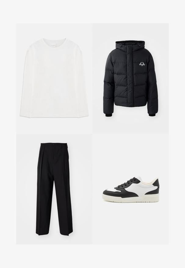 Czarna kurtka puchowa z kapturem, z pikowanym wzorem, elastycznymi mankietami i logo na piersi. Wykonana z gładkiego, wodoodpornego materiału.; Biała, długosletnia koszula z okrągłym dekoltem i metką "CLOSED" na kołnierzyku, leżąca płasko na białym tle.; Czarne plisowane spodnie o prostym, szerokim kroju nogawek. Wykonane z gładkiego materiału, z zapięciem na guzik i pętelkami na pasek.; Czarno-biała sneaker z gładką skórzaną cholewką, zaokrąglonym noskiem i płaską gumową podeszwą. Posiada czarne sznurowadła i miękką wyściółkę wewnętrzną.