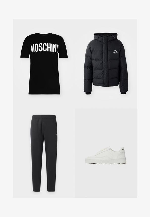 Czarna kurtka puchowa z kapturem, z pikowanym wzorem, elastycznymi mankietami i logo na piersi. Wykonana z gładkiego, wodoodpornego materiału.; Czarna bawełniana koszulka z krótkim rękawem, z wyraźnym białym logo "MOSCHINO" na piersi, zapisanym dużymi literami.; Czarne spodnie dresowe z miękkiego materiału, z elastycznym paskiem, prostymi nogawkami oraz małym logo z boku.; Białe skórzane sneakersy o gładkim wykończeniu, okrągłym nosku, płaskich sznurówkach i teksturowanej podeszwie. Charakteryzują się delikatnym logo na pięcie.