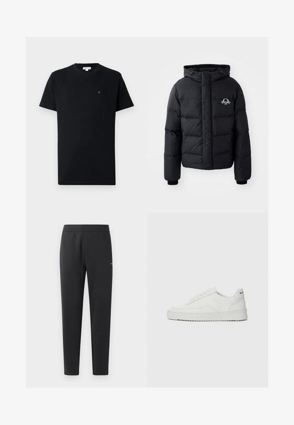 Black puffer jacket with a hood, featuring a quilted design, elastic cuffs, and a chest logo. Made of a smooth, water-resistant material.; Black short-sleeve t-shirt made of cotton, featuring a round neckline and a small circular logo on the chest. Smooth texture.; Black jogger pants made of soft fabric, featuring an elastic waistband, straight legs, and a single small logo detail on the side.; White leather sneaker with a smooth finish, round toe, flat laces, and a textured sole. Features a subtle logo on the heel.