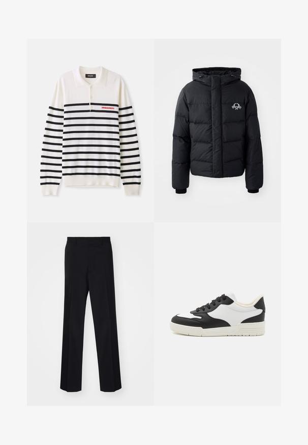 Fekete puffdzseki kapucnival, steppelt kialakítással, rugalmas mandzsettákkal és mellkasi logóval. Simább, vízálló anyagból készült.; Fehér, hosszú ujjú póló fekete vízszintes csíkokkal, három gombbal és vörös "DSQUARED2" logóval a bal mellen. Puha kötött textúra.; Fekete, széles szárú, szabott nadrág sima textúrával és éles redőkkel, szőtt anyagból készült.; Fekete és fehér sportcipő sima bőrből készült felsőrésszel, lekerekített orral és lapos gumitalppal. Jellemzője a fekete fűző és a puha bélés.