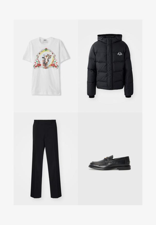 Melnā puffer jaka ar kapuci, ar kvadrātveida dizainu, elastīgiem piedurkņu galiem un krūšu logotipu. Izgatavota no gludas, ūdensizturīgas materiāla.; Balta kokvilnas T-kreklu, kurā centrā ir attēlots govs, ko ieskauj rozes un Itālijas karogi, ar dekoratīvu tekstu apļa formā.; Melnas šūtu bikses ar platu kāju dizainu, ar gludu tekstūru un asiem locījumiem, izgatavotas no austas auduma.; Melnā ādas mokasīni ir ar noapaļotu purngalu, šūšanas detaļām un nelielu zelta akcentu priekšpusē. Zole ir plaka un diskrēta.