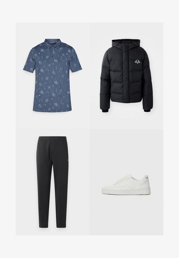 Fekete puffdzseki kapucnival, steppelt kialakítással, rugalmas mandzsettákkal és mellkasi logóval. Simább, vízálló anyagból készült.; Rövid ujjú póló ing sötétkék színben, melyen világoskék négyzetek és geometriai formák texturált mintázata található korall színű kiegészítőkkel.; Fekete sportnadrág puha anyagból, rugalmas derékpánttal, egyenes szárakkal és egy kis logó részlettel az oldalán.; Fehér bőr sportcipő sima felülettel, kerek orral, lapos fűzőkkel és texturált talppal. Finom logó található a sarokon.