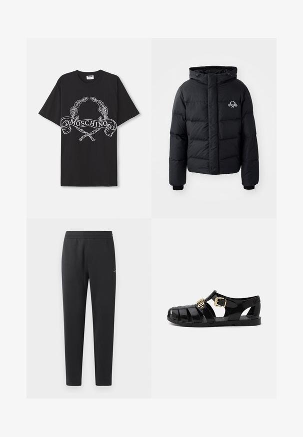 Černá péřová bunda s kapucí, s prošívaným vzorem, elastickými manžetami a logem na hrudi. Vyrobena z hladkého, vodoodpudivého materiálu.; Černé triko vyrobené z bavlny, s bílou grafikou olivového věnce a zkřížených berlí uprostřed s textem "MOSCHINO".; Černé joggingové kalhoty vyrobené z měkké tkaniny, s elastickým pasem, rovnými nohavicemi a malým logem na boku.; Černé gumové sandály s výřezovým designem, vybavené zlatým přezkovým uzavřením a texturovanou stélkou. Razítkované logo na podpatku.