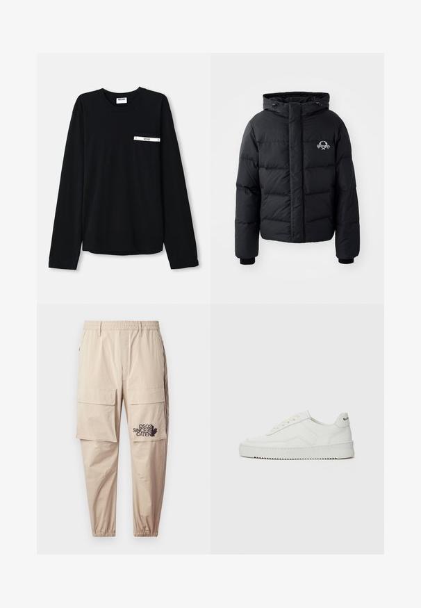Fekete puffdzseki kapucnival, steppelt kialakítással, rugalmas mandzsettákkal és mellkasi logóval. Simább, vízálló anyagból készült.; Fekete, hosszú ujjú póló, puha pamutból készült, mellzsebbel, fehér sávval és címke részlettel. Kerek nyakkivágás és egyenes szegély.; Beige cargo nadrág könnyű anyagból, rugalmas derékkal, cipzáras zsebekkel és nyomott logóval a bal lábon.; Fehér bőr sportcipő sima felülettel, kerek orral, lapos fűzőkkel és texturált talppal. Finom logó található a sarokon.