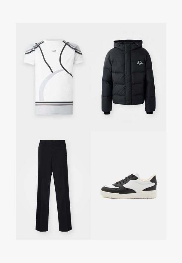 Black puffer jacket with a hood, featuring a quilted design, elastic cuffs, and a chest logo. Made of a smooth, water-resistant material.; White sport t-shirt with gray and black curved accents, mesh shoulder panels, and a logo at the back. Designed for a fitted look and comfort.; Black tailored trousers with a wide-leg design, featuring a smooth texture and sharp creases, made from a woven fabric.; Black and white sneaker with a smooth leather upper, rounded toe, and flat rubber sole. Features black laces and soft inner lining.