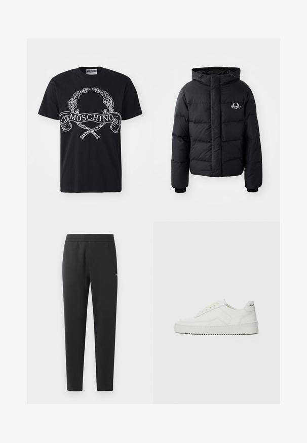 Mustan pusakkatakin, jossa on huppu, tikattu muotoilu, joustavat hihansuut ja rintalogo. Valmistettu sileästä, vettä hylkivästä materiaalista.; Musta puuvillapaita, jonka etupuolella on valkoinen painettu laakerinoksa ja brändin nimi "MOSCHINO" bannerilla; klassinen pyöreä pääntie.; Mustat verkkarit, jotka on valmistettu pehmeästä kankaasta. Niissä on joustava vyötärö, suorat lahkeet ja pieni logo-yksityiskohta sivulla.; Valkoinen nahkakenkä, jossa on sileä pinta, pyöreä kärki, tasaiset nauhat ja teksturoitu pohja. Sisältää huomaamattoman logon kantapäässä.