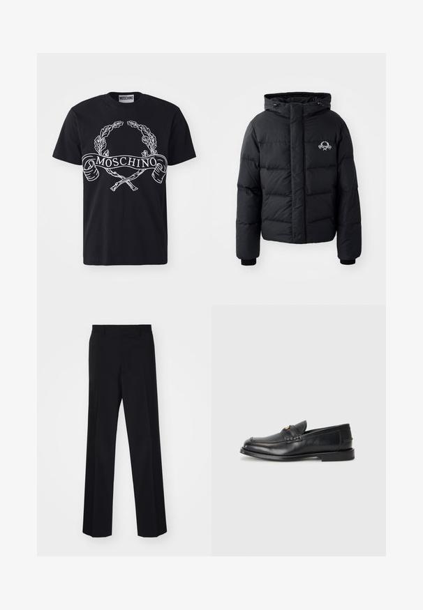 Melnā puffer jaka ar kapuci, ar kvadrātveida dizainu, elastīgiem piedurkņu galiem un krūšu logotipu. Izgatavota no gludas, ūdensizturīgas materiāla.; Melna kokvilnas T-krekls ar baltu drukātu lauru vainagu un zīmola nosaukumu "MOSCHINO" uz lentas; klasiskā apaļa kakla dizains.; Melnas šūtu bikses ar platu kāju dizainu, ar gludu tekstūru un asiem locījumiem, izgatavotas no austas auduma.; Melnā ādas mokasīni ir ar noapaļotu purngalu, šūšanas detaļām un nelielu zelta akcentu priekšpusē. Zole ir plaka un diskrēta.
