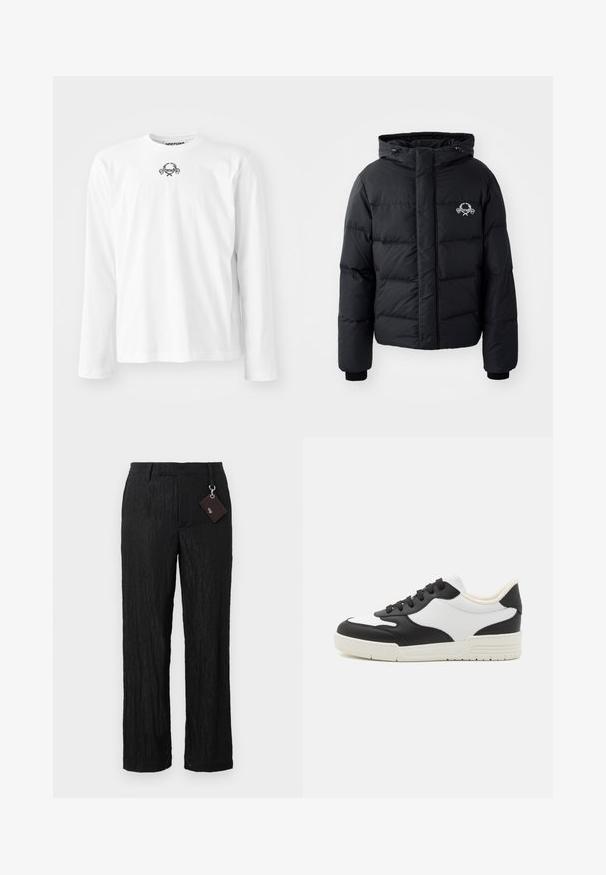 Schwarze Puffjacke mit Kapuze, ausgestattet mit einem gesteppten Design, elastischen Bündchen und einem Brustlogo. Hergestellt aus einem glatten, wasserabweisenden Material.; Weißes Langarmshirt aus Baumwolle mit runder Ausschnittkante und einem kleinen schwarzen grafischen Design in der Mitte, mit gefütterten Ärmeln.; Schwarze, strukturierte, weit geschnittene Hose mit glatter Oberfläche und sichtbaren Nähten; inklusive eines Schildes, das mit einem silbernen Hardware-Loop befestigt ist.; Schwarz-weißer Sneaker mit einem glatten Lederoberteil, runder Zehenform und flacher Gummisohle. Verfügt über schwarze Schnürsenkel und eine weiche Innenauskleidung.