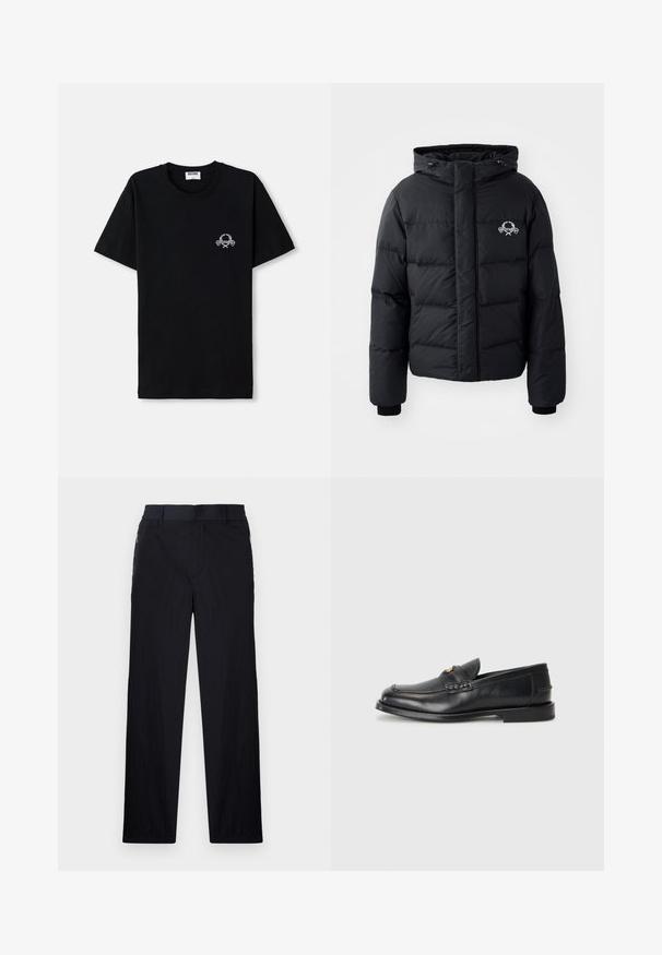 Svart puffjacka med huva, med en quiltad design, elastiska manschetter och en logga på bröstet. Tillverkad av ett slätt, vattenavvisande material.; Svart bomulls t-shirt med rund halsringning. Har en liten vit grafisk design på bröstet. Korta ärmar och rak nederkant.; Svarta byxor med lätt, texturerad tyg, rak benmodell, elastisk midja och sidofickor med dragkedja.; Svarta läderloafers har en rund tå, sömnadsdetaljer och en liten guldaccent framtill. Sulan är platt och diskret.