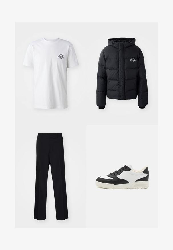 Čierna prešívaná bunda s kapucňou, ktorá má elastické manžety a logo na hrudníku. Vyrobená z hladkého, vodoodolného materiálu.; Biela bavlnená tričká s malým čiernym vyšívaným dizajnom na hrudi; krátke rukávy a klasický štýl okrúhleho výstrihu.; Čierne tailored nohavice s širokým strihom, s hladkou textúrou a ostrými záhybmi, vyrobené z tkaného materiálu.; Čierno-biele tenisky s hladkým koženým zvrškom, zaoblenou špičkou a plochou gumovou podrážkou. Obsahujú čierne šnúrky a mäkké vnútorné podšívky.