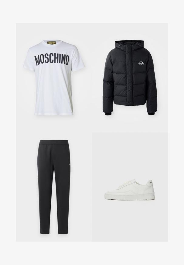 Jachetă puffer neagră cu glugă, având un design matlasat, mansete elastice și un logo pe piept. Fabricată dintr-un material neted, rezistent la apă.; Tricou alb din bumbac cu inscripția "MOSCHINO" în litere negre îndrăznețe pe piept. Mâneci scurte și guler rotund.; Pantaloni de jogger negri, confecționați dintr-un material moale, cu un brâu elastic, picioare drepte și un detaliu mic cu logo pe lateral.; Sneakers din piele albă cu un finisaj neted, vârf rotund, șireturi plate și o talpă texturată. Prezintă un logo subtil pe călcâi.