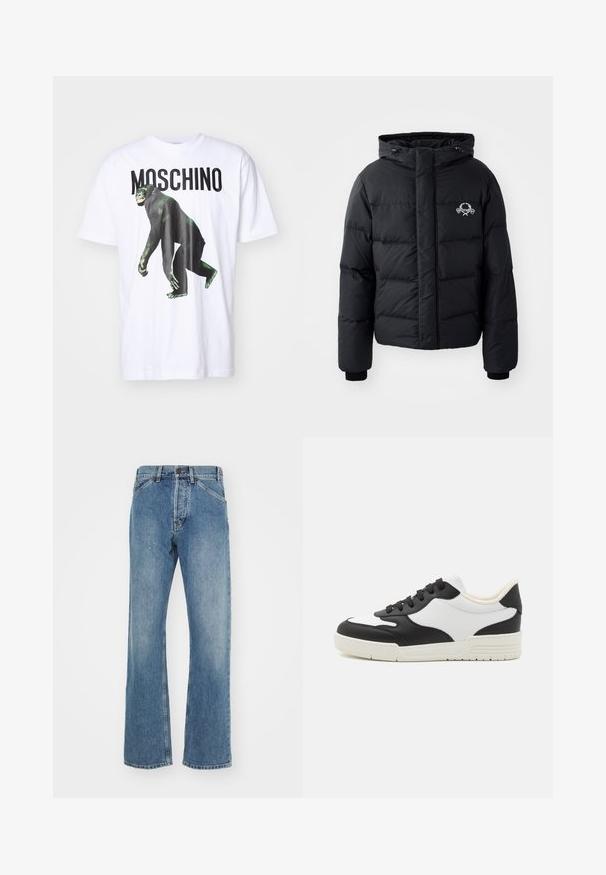 Zwarte pufferjack met een capuchon, voorzien van een gewatteerd ontwerp, elastische manchetten en een logo op de borst. Gemaakt van een glad, waterafstotend materiaal.; Witte katoenen t-shirt met een zwart aap grafiek en vetgedrukte "MOSCHINO" tekst in het zwart. Relaxed fit met korte mouwen en ronde hals.; Blauwe denim jeans met een rechte pijpdesign, lichte wassing, vijf zakken, metalen knoop en gestikte accenten op de tailleband.; Zwart-witte sneaker met een glad leren bovenwerk, ronde teen en platte rubberen zool. Voorzien van zwarte veters en een zachte binnenvoering.