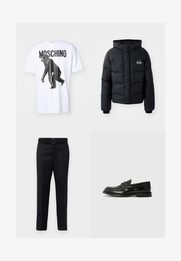 Chaqueta de plumas negra con capucha, que presenta un diseño acolchado, puños elásticos y un logo en el pecho. Fabricada con un material suave y resistente al agua.; Camiseta blanca de algodón con un gráfico de mono negro y el texto en negrita "MOSCHINO" en negro. Corte relajado con mangas cortas y cuello redondo.; Los pantalones negros de corte ajustado presentan un tejido suave, un corte recto y una cintura con cinturón y hebilla rectangular. Las pliegues frontales notables realzan el diseño.; Mocasín de cuero negro con punta redondeada, costuras decorativas y una pequeña solapa en la parte delantera. Suela plana de goma con tacón mínimo.