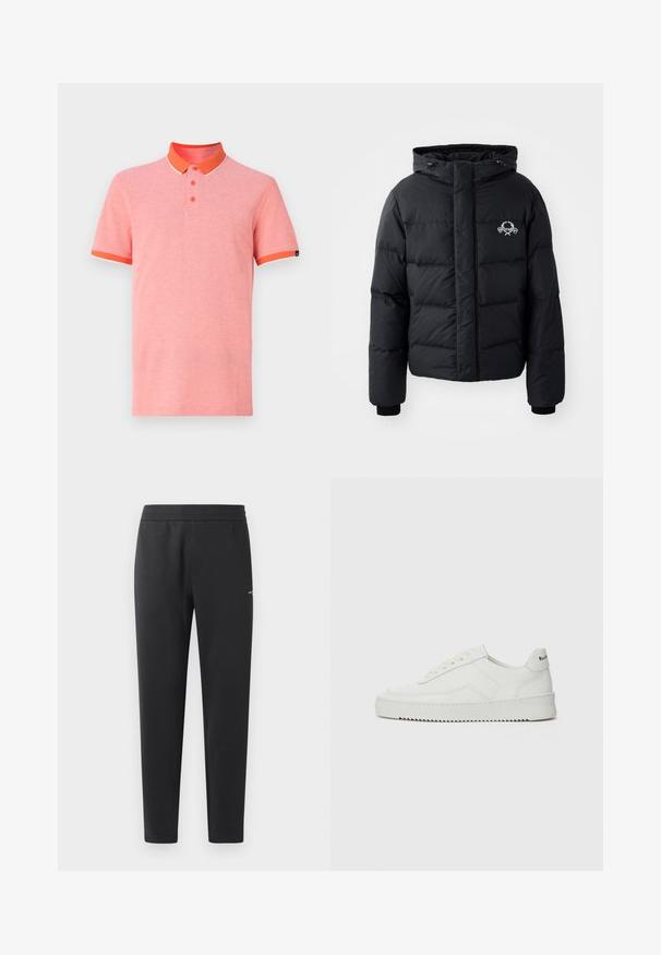 Juodas pūkinis švarkas su gobtuvu, pasižymintis siuvinėtu raštu, elastingais rankogaliais ir logotipu krūtinėje. Pagamintas iš lygios, vandeniui atsparios medžiagos.; Šviesiai rožinė trumpomis rankovėmis polo marškinėliai su oranžine apykakle ir rankogaliais, turintys trijų mygtukų užsegimą ir kontrastingas baltas detales.; Juodos sportinės kelnės, pagamintos iš minkštos medžiagos, su elastinga juosmeniu, tiesiomis kojomis ir nedideliu logotipo akcentu šone.; Balti odiniai sportiniai bateliai su lygia apdaila, apvaliu pirštu, plokščiais raišteliais ir tekstūruotu padu. Pasižymi subtiliu logotipu ant kulno.