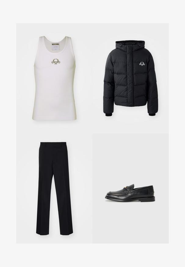 Fekete puffdzseki kapucnival, steppelt kialakítással, rugalmas mandzsettákkal és mellkasi logóval. Simább, vízálló anyagból készült.; Fehér bordázott ujjatlan felső, arany hímzett logóval díszítve, díszítő elemekkel, kerek nyakkivágással.; Fekete, széles szárú, szabott nadrág sima textúrával és éles redőkkel, szőtt anyagból készült.; A fekete bőrcipők lekerekített orral, varrott részletezéssel és egy apró arany díszítéssel rendelkeznek az elején. A talp lapos és diszkrét.