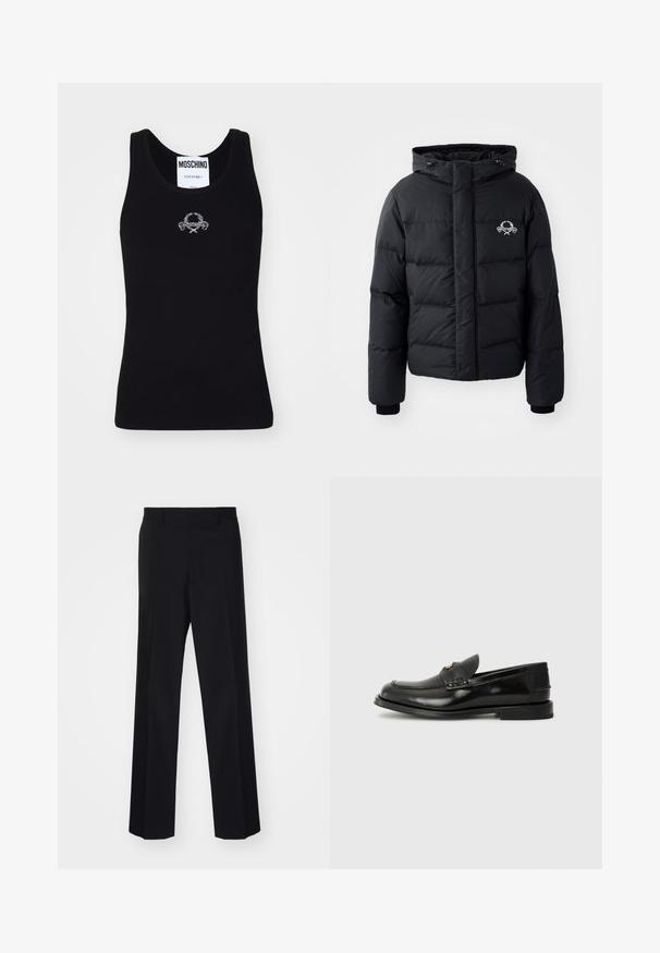Fekete puffdzseki kapucnival, steppelt kialakítással, rugalmas mandzsettákkal és mellkasi logóval. Simább, vízálló anyagból készült.; Fekete bordázott ujjatlan póló, kerek nyakkivágással, középen fehér hímzett logóval. Puha, rugalmas anyagból készült.; Fekete, széles szárú, szabott nadrág sima textúrával és éles redőkkel, szőtt anyagból készült.; Fekete bőr loafer kerek orral, díszvarrással és kis elülső hajtókával. Laposságű, minimális sarokkal rendelkező gumi talp.