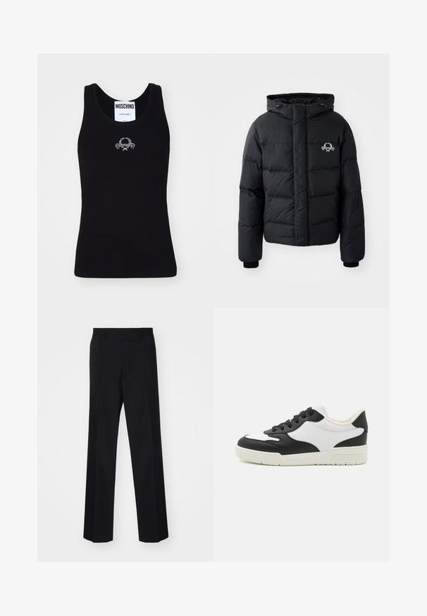 Czarna kurtka puchowa z kapturem, z pikowanym wzorem, elastycznymi mankietami i logo na piersi. Wykonana z gładkiego, wodoodpornego materiału.; Czarna, prążkowana koszulka bez rękawów z okrągłym dekoltem, z białym, haftowanym logo na środku. Wykonana z miękkiego, elastycznego materiału.; Czarne spodni z szerokimi nogawkami, charakteryzujące się gładką teksturą i wyraźnymi fałdami, wykonane z tkaniny tkanej.; Czarno-biała sneaker z gładką skórzaną cholewką, zaokrąglonym noskiem i płaską gumową podeszwą. Posiada czarne sznurowadła i miękką wyściółkę wewnętrzną.