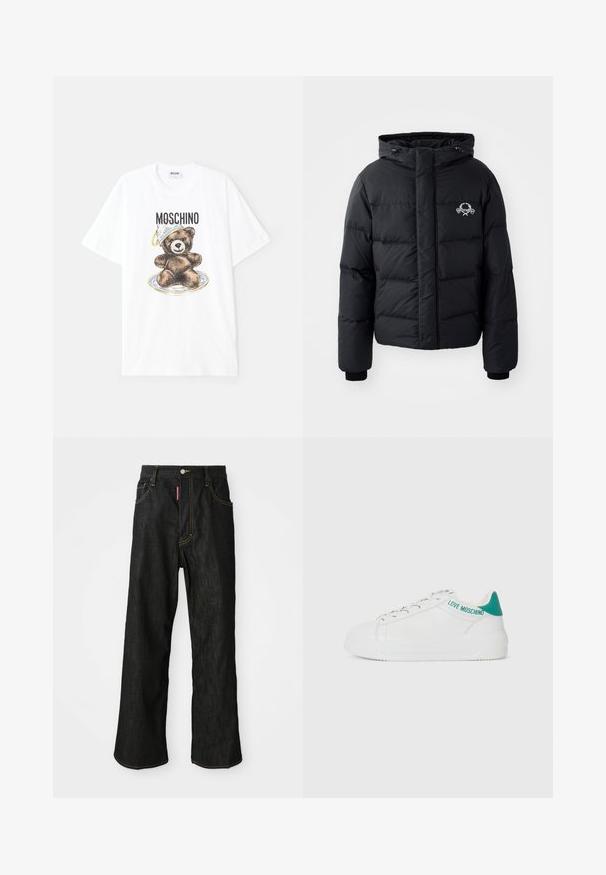 Svart puffjacka med huva, med en quiltad design, elastiska manschetter och en logga på bröstet. Tillverkad av ett slätt, vattenavvisande material.; Vit bomullströja med en grafik av en brun björn på en tallrik, som bär en blå och gul skål. "Moschino"-text ovanför designen.; Svarta raka jeans med gul sömnad, femfickorsdesign, knappstängning och en liten röd etikett på den främre högra fickan.; Vita lädersneakers med rund tå, turkos hälaccent och "LOVE MOSCHINO"-logotyp på baksidan. Platt gummisula.