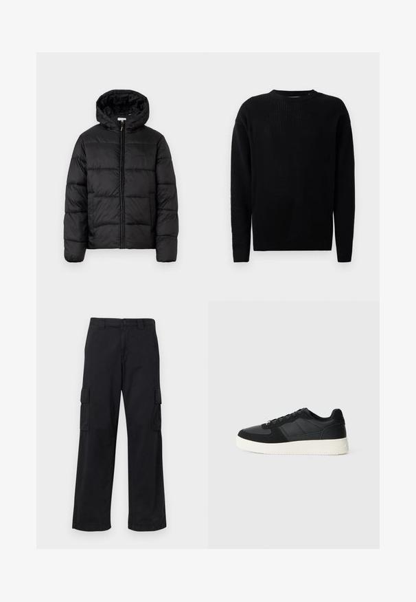 Svart dunjacka med huva, med horisontella quiltade paneler, dragkedja fram och en slät, glänsande yta.; Svart stickad tröja med rund halsringning, långa ärmar och ett strukturerat mönster genom hela plagget. Har ribbade muddarna och nederkant.; Svarta cargobyxor i bomullsmaterial, med lös passform, två sidofickor och knappstängning. Slät textur med minimala utsmyckningar.; Svart lågtopp sneakers med texturerat läder och mocka paneler, vit gummisula och svarta snören på en enkel ljus bakgrund.