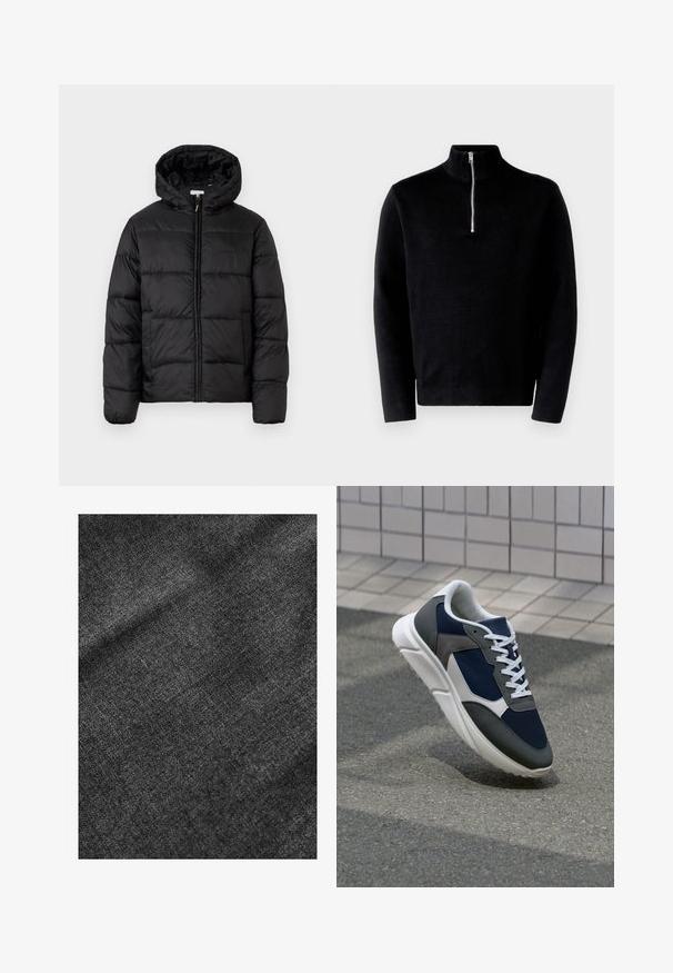 Zwarte pufferjack met een capuchon, met horizontale gestikte panelen, ritssluiting aan de voorkant en een gladde, glanzende textuur.; Zwarte pullovertrui met hoge kraag en halve rits. Gemaakt van ribbelstof, heeft het lange mouwen en een gladde textuur.; Geweven zwarte stof met een zachte, licht glanzende oppervlakte, die een subtiel weefpatroon en een soepele val vertoont.; Sneaker met een marineblauwe mesh bovenwerk, grijze suède accenten, witte rubberen zool en platte witte veters, ontworpen voor comfort en ademend vermogen.