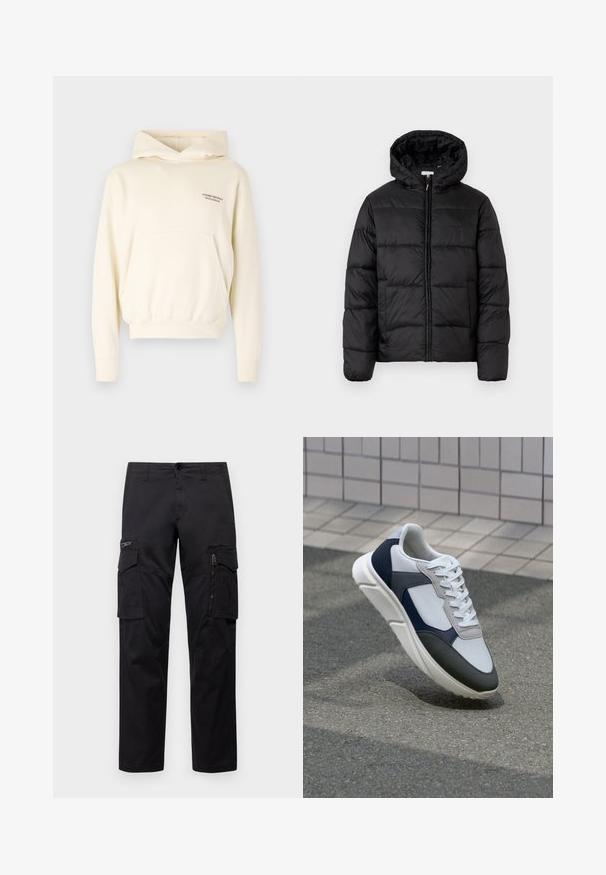 Czarna kurtka puchowa z kapturem, z poziomymi pikowanymi panelami, zapinana na zamek błyskawiczny z przodu i o gładkiej, błyszczącej fakturze.; Kremowa hoodie z przednią kieszenią kangurką, regulowanym kapturem na sznurku i haftowanym logo na piersi. Miękki materiał.; Czarne spodnie cargo z wieloma kieszeniami, zamykaną kieszenią na udzie, prostym krojem oraz wytrzymałym bawełnianym materiałem z delikatnym połyskiem.; Białe, granatowe i szare sneakersy o mieszanej konstrukcji, z teksturowanym wierzchem, płaskimi sznurowadłami i amortyzowaną podeszwą.