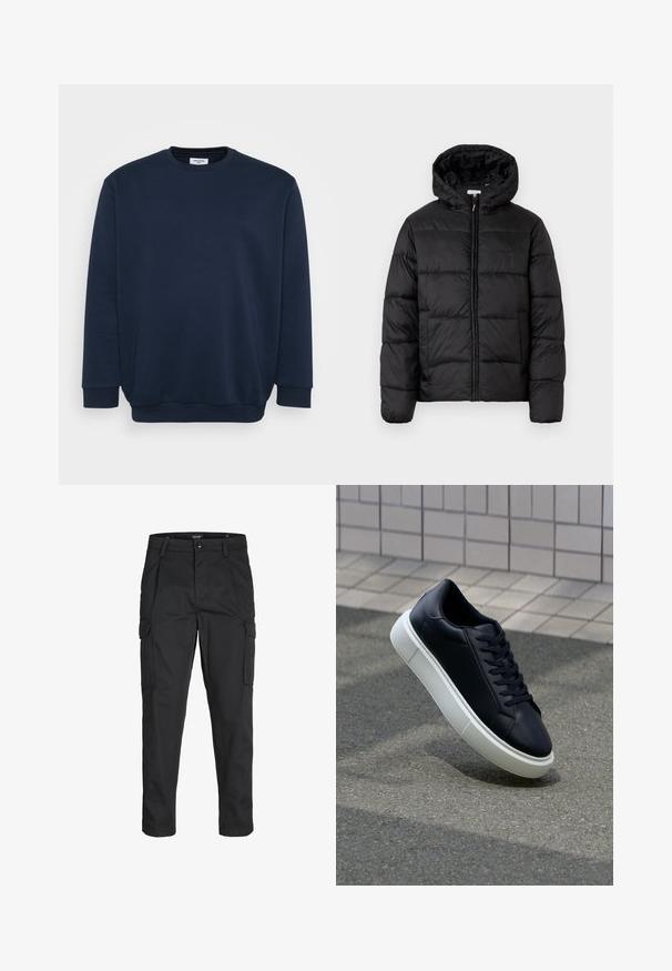 Giacca a vento nera con cappuccio, caratterizzata da pannelli trapuntati orizzontali, chiusura frontale con zip e una texture liscia e lucida.; Felpa blu navy realizzata in morbido misto cotone, con collo a giro, maniche lunghe e polsini e orlo a costine. Design minimalista senza motivi.; Pantaloni cargo neri realizzati in un tessuto resistente, dotati di molteplici tasche, chiusura con bottone e un design aderente con gambe affusolate.; Sneaker in pelle nera con punta arrotondata e suola in gomma bianca. Presenta lacci piatti e cuciture minime sulla parte superiore. Suola testurizzata per una migliore aderenza.